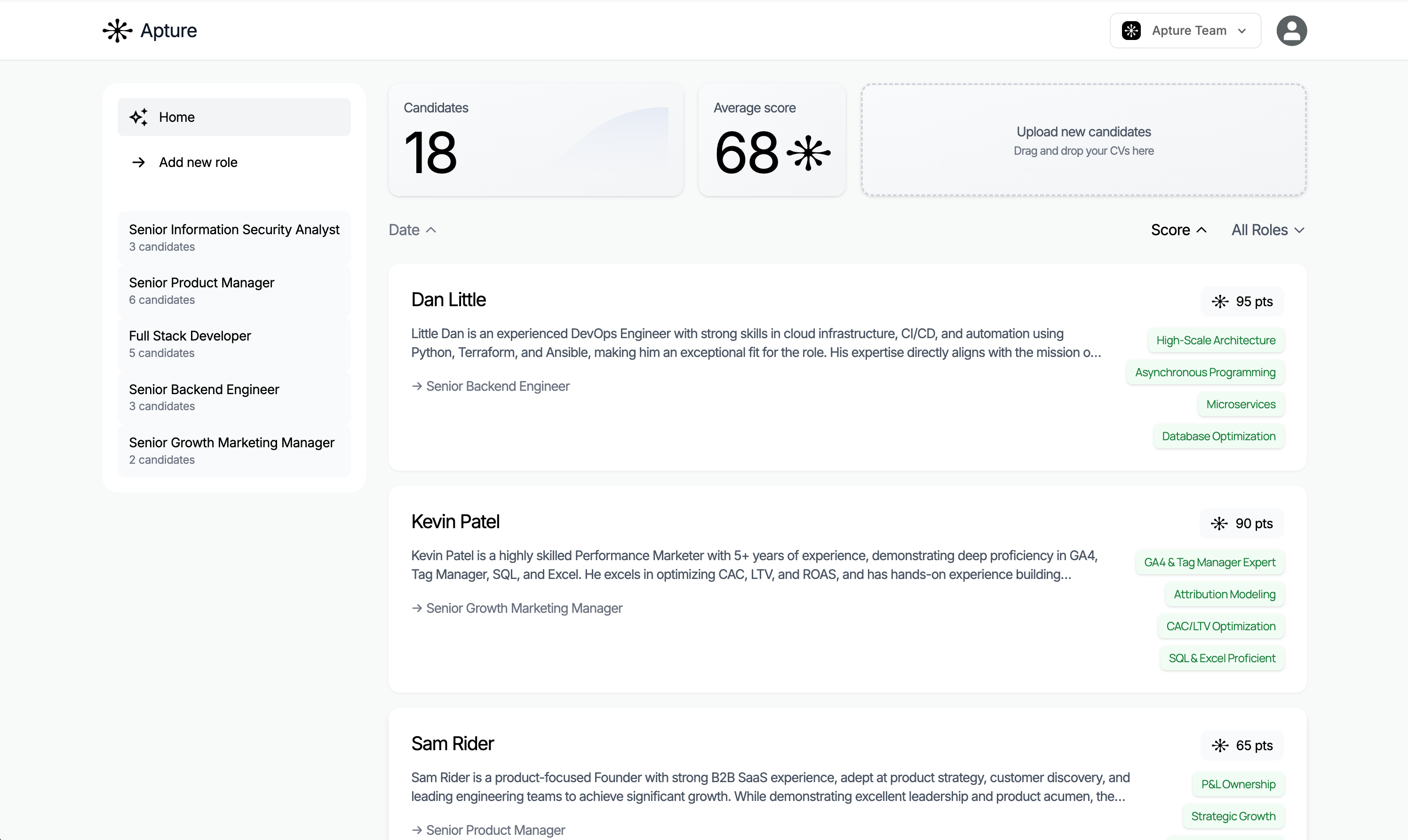 Apture AI CV screening dashboard showing candidate rankings and match scores